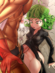 Rule 34 | 1boy, 1girl, abs, blush, breasts, cleft of venus, clothes lift, covered erect nipples, curvy, dress, dress lift, green eyes, green hair, height difference, hetero, highres, large penis, no panties, one-punch man, penis, penis awe, penis on stomach, penis under another&#039;s clothes, pussy, saitama (one-punch man), sereneandsilent, shiny skin, size difference, small breasts, tatsumaki, thighs