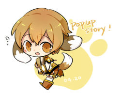 Rule 34 | 1boy, animal ears, blush, book, brown hair, chibi, copyright name, dated, dog boy, dog ears, dog tail, full body, looking at viewer, male focus, open mouth, paw print, pop-up story, school uniform, simple background, smile, solo, tail, thighhighs, white background, white thighhighs, yohzuu, yuuri lessen