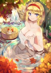 Rule 34 | 1girl, ahoge, alice margatroid, artist request, blonde hair, blue eyes, blush stickers, bottle, bow, breasts, bucket, cleavage, closed mouth, cup, doll, drinking glass, from above, hairband, highres, holding, large breasts, leaf, looking at viewer, maple leaf, naked towel, nude, onsen, partially submerged, plant, red bow, ripples, ryuuno6, shanghai doll, short hair, sitting, sketch, smile, solo, sparkle, touhou, towel, tray, tsurime, water, waterfall, wet, wine bottle, wine glass, wooden bucket