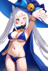Rule 34 | 1girl, ;d, absurdres, armpits, bell, bikini, blue bikini, blue cape, blue eyes, blue hat, bracelet, breasts, cape, commentary, commission, english commentary, fanteam, hat, hat bell, highres, jewelry, jingle bell, large breasts, long hair, looking at viewer, neck bell, one eye closed, open mouth, original, pixiv commission, simple background, smile, solo, standing, stomach, swimsuit, twintails, white background, white hair, witch hat