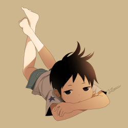 Rule 34 | 1boy, artist name, barefoot, black hair, brown eyes, full body, looking at viewer, lying, male focus, noeyebrow (mauve), on stomach, original, short hair, shorts, simple background, solo, star (symbol)
