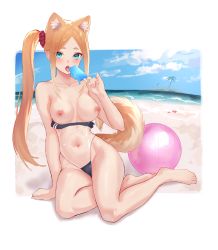 Rule 34 | 1girl, absurdres, animal ears, aqua eyes, ball, barefoot, beachball, blush, breasts, breasts out, cleavage, cloud, commentary, covered navel, dog ears, dog girl, dog tail, english commentary, food, fran (gudanco (nyanmeowzer)), full body, gris swimsuit, gudanco (nyanmeowzer), hair behind ear, highres, holding, holding food, island, long hair, looking at viewer, meme, meme attire, nipples, one-piece swimsuit, open mouth, original, palm tree, parted bangs, popsicle, side ponytail, sitting, sky, smile, solo, strapless, strapless one-piece swimsuit, swimsuit, tail, thick eyebrows, toes, tongue, tongue out, tree, yokozuwari
