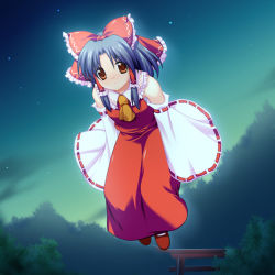 Rule 34 | 1girl, ascot, bare shoulders, black hair, bow, detached sleeves, female focus, flying, hair bow, hair tubes, hakurei reimu, imperishable night, looking at viewer, maroppe, night, night sky, orange eyes, red bow, red footwear, red ribbon, red skirt, ribbon, ribbon-trimmed sleeves, ribbon trim, shoes, sidelocks, skirt, sky, solo, star (sky), torii, touhou