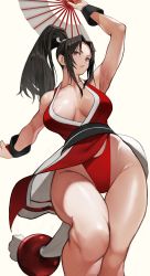 Rule 34 | 1girl, absurdres, arm behind back, bare shoulders, breasts, brown eyes, brown hair, center opening, cleavage, collarbone, dress, fatal fury, folding fan, forehead, hand fan, high ponytail, highres, holding, holding fan, japanese clothes, large breasts, long hair, looking at viewer, ninja, no bra, parted bangs, pelvic curtain, ponytail, red dress, revealing clothes, sash, shiranui mai, sideboob, solo, the king of fighters, thighs, yoshio (55level)