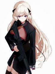 Rule 34 | 1girl, absurdres, amamizu shizuku, battle rifle, black thighhighs, blonde hair, breasts, closed mouth, commission, feet out of frame, g3 (girls&#039; frontline), g3 (mod3) (girls&#039; frontline), garter straps, girls&#039; frontline, gun, h&amp;k g3, highres, holding, holding weapon, large breasts, long hair, looking at viewer, mod3 (girls&#039; frontline), pixiv commission, purple eyes, rifle, solo, standing, thighhighs, uniform, weapon, white background