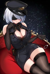 Rule 34 | 1girl, 2b (nier:automata), alternate costume, bare shoulders, belt pouch, between breasts, black hat, black necktie, black shirt, black skirt, blush, bra, breasts, brown gloves, brown thighhighs, cleavage, collared shirt, constellation, covered eyes, cuffs, elbow gloves, fishnet sleeves, fishnets, gloves, hair over one eye, handcuffs, hat, highres, lace, lace-trimmed bra, lace trim, large breasts, mole, mole on breast, necktie, necktie between breasts, nekoda (maoda), nier:automata, nier (series), parted lips, police, police hat, police uniform, pouch, shirt, short hair, silver hair, simple background, sitting, skirt, sleeveless, sleeveless shirt, solo, thighhighs, underwear, uniform