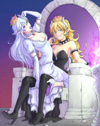 Rule 34 | 2girls, :o, :p, arm support, arm up, armlet, bare shoulders, black dress, black footwear, black nails, blonde hair, blue eyes, blue gemstone, boots, bowsette, bracelet, breasts, brooch, choker, cleavage, clenched teeth, collar, collarbone, colored eyelashes, colored tongue, commentary request, crown, dress, earrings, elbow gloves, female focus, fingernails, fire, frilled dress, frilled gloves, frills, from below, gem, ghost, gloves, gradient hair, grin, hair between eyes, hand up, high heel boots, high heels, impossible clothes, impossible dress, jewelry, kneeling, large breasts, leaning, leaning back, long hair, looking at viewer, looking back, looking down, luigi&#039;s mansion, mario (series), monster girl, moyo (inuchiyo), multicolored hair, multiple girls, nail polish, neck, necklace, new super mario bros. u deluxe, night, night sky, nintendo, on lap, pink fire, pointy ears, ponytail, princess king boo, purple eyes, purple tongue, red gemstone, rock, sharp fingernails, sharp teeth, shell, short sleeves, sitting, sitting on person, skinny, sky, smile, spiked armlet, spiked bracelet, spiked collar, spikes, star (sky), strapless, strapless dress, super crown, teeth, thigh boots, thighhighs, throne, tongue, tongue out, turtle shell, twilight, white choker, white dress, white footwear, white gloves, white hair, wide ponytail, yuri
