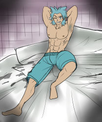 Rule 34 | 10s, 1boy, abs, armpits, barefoot, blue hair, body hair, brawly (pokemon), creatures (company), full body, game freak, highres, male focus, muscular, nintendo, one eye closed, pectorals, pokemon, pokemon go, topless male, wink