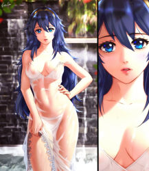 Rule 34 | 1girl, bare arms, blue eyes, blue hair, blurry, blurry background, breasts, cleavage, collarbone, covered navel, dress, esther shen, fire emblem, fire emblem awakening, hair between eyes, hairband, hand on own hip, long hair, looking at viewer, lucina (fire emblem), medium breasts, nintendo, paid reward available, parted lips, pink lips, see-through, see-through dress, signature, sleeveless, sleeveless dress, solo, split screen, standing, sundress, sweatdrop, very long hair, wet, wet clothes, wet dress, white dress, yellow hairband