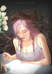 Rule 34 | 10s, 1girl, absurdres, against desk, arm across waist, blurry, boku no hero academia, book, bra, braid, breasts, closed eyes, commentary, depth of field, desk, english commentary, flower, goggles, goggles on head, hair tie, hatsume mei, highres, holding, holding pen, large breasts, leaning forward, lips, long sleeves, low twin braids, mars foong, mixed-language commentary, open book, parted lips, pen, plant, purple hair, realistic, red-framed eyewear, solo, twin braids, underwear, white flower