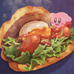 Rule 34 | blue background, blue eyes, blush stickers, burger, cabbage, food, food focus, highres, kirby, kirby (series), lettuce, miclot, mos burger, nintendo, no humans, open mouth, pink footwear, saliva, sausage, shoes, simple background, smile, softboiled egg, steam