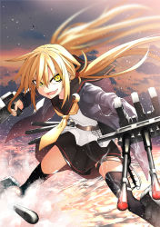Rule 34 | 1girl, akane harurou, black sailor collar, black skirt, blonde hair, cloud, crescent, crescent pin, fang, hair between eyes, holding, jacket, kantai collection, long hair, long sleeves, low twintails, open mouth, outdoors, pleated skirt, rigging, sailor collar, satsuki (kancolle), satsuki kai ni (kancolle), school uniform, serafuku, skirt, sky, solo, thigh strap, thighhighs, torpedo, twintails, water, yellow eyes, yellow neckwear