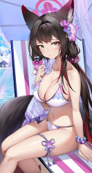 Rule 34 | 1girl, absurdres, animal ear fluff, animal ears, arm support, bare arms, bare legs, bikini, blue archive, breasts, brown eyes, cleavage, flower, fox ears, fox tail, gaosu gong lu, hair flower, hair ornament, halo, highres, large breasts, looking at viewer, makeup, multicolored hair, navel, parted lips, red hair, sitting, solo, stomach, streaked hair, swimsuit, tail, tassel, thigh strap, wakamo (blue archive), wakamo (swimsuit) (blue archive), white bikini