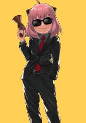 Rule 34 | 1girl, absurdres, ahoge, anya (spy x family), black-framed eyewear, black jacket, black pants, blazer, blouse, collared shirt, commentary request, contrapposto, cowboy shot, formal, grey shirt, hairpods, hand in pocket, hand up, highres, holding, holding weapon, jacket, necktie, pants, pink hair, red necktie, shirt, simple background, smile, solo, spy x family, standing, sunglasses, weapon, wing collar, yamada no orochi, yellow background