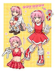 Rule 34 | 1girl, amy rose, animal ears, animal nose, arm up, arrow through heart, artist name, bare shoulders, blush, boots, border, bow, bowtie, bra, bracelet, breasts, brown footwear, checkered background, collarbone, collared shirt, commentary, double v, dress, english commentary, eyelashes, full body, furry, furry female, gloves, gold bracelet, green eyes, grey skirt, grid background, hair between eyes, hairband, hand on own hip, hand up, hands up, heart, heart print, hedgehog ears, hedgehog girl, hedgehog tail, highres, humanization, jacket, jewelry, leg up, long sleeves, looking at viewer, medium breasts, miisa shion, navel, one eye closed, open mouth, outside border, pink fur, pink hair, pink jacket, plaid, plaid skirt, puffy long sleeves, puffy sleeves, red bow, red bowtie, red bra, red dress, red footwear, red hairband, shirt, shoes, short hair, short sleeves, sitting, skirt, sleeveless, sleeveless dress, smile, socks, solo, sonic (series), square, standing, standing on one leg, star (symbol), tail, teeth, tongue, translation request, triangle, underwear, v, white border, white gloves, white shirt, white socks, wing collar, yellow background