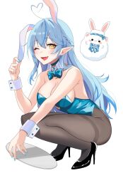 1girl 8nu4 ahoge animal_ears aqua_leotard asuna_(blue_archive) asuna_(blue_archive)_(cosplay) asuna_(bunny)_(blue_archive) black_footwear blue_archive blue_bow blue_bowtie blue_hair blue_leotard blue_nails blush bow bowtie braid breasts colored_tips cosplay detached_collar elf fake_animal_ears hair_between_eyes hair_ornament heart heart_ahoge high_heels highleg highleg_leotard highres hololive large_breasts leotard long_hair looking_at_viewer multicolored_hair official_alternate_costume open_mouth pantyhose playboy_bunny pointy_ears rabbit_ears smile solo squatting strapless strapless_leotard streaked_hair thighband_pantyhose traditional_bowtie tray very_long_hair virtual_youtuber white_background wrist_cuffs yellow_eyes yukihana_lamy yukimin_(yukihana_lamy)