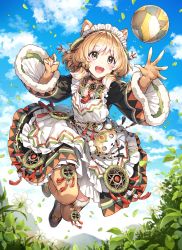 Rule 34 | 1girl, :d, animal ear fluff, animal ears, apron, ball, black dress, black eyes, black footwear, blue sky, blush, brown hair, chain chronicle, chirolulu (chain chronicle), cloud, commentary request, day, dress, flower, full body, fur-trimmed sleeves, fur trim, highres, jumping, long hair, long sleeves, maid headdress, nardack, open mouth, outdoors, plant, pleated dress, shoes, sky, smile, solo, white apron, white flower, wide sleeves