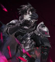 Rule 34 | 1boy, absurdres, armor, au ra, black cape, black hair, black sclera, breastplate, cape, colored sclera, final fantasy, final fantasy xiv, gg dal, heterochromia, highres, horns, looking at viewer, male focus, pauldrons, red eyes, shoulder armor, solo, torn cape, torn clothes, warrior of light (ff14), white eyes
