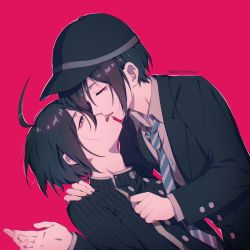 Rule 34 | 2boys, ahoge, black hair, black headwear, black jacket, buttons, closed eyes, collared shirt, commentary request, danganronpa (series), danganronpa v3: killing harmony, double-breasted, dual persona, ewa (seraphhuiyu), facing another, from side, grey shirt, highres, jacket, long sleeves, looking at another, male focus, multiple boys, necktie, open mouth, profile, red background, saihara shuichi, selfcest, shirt, short hair, striped clothes, striped jacket, striped necktie, striped neckwear, teeth, twitter username, upper body, upper teeth only, yaoi