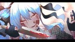 Rule 34 | 1girl, absurdres, ahoge, beret, blood, blood on clothes, blood on face, bloody knife, blue hair, choker, gloves, grey hat, hair ribbon, hat, highres, holding, holding knife, hololive, hoshimachi suisei, hoshimachi suisei (1st costume), knife, letterboxed, licking lips, open mouth, plaid, red eyes, ribbon, side ponytail, smile, solo, tonarikeru, tongue, tongue out, upper body, virtual youtuber