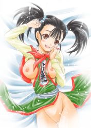 Rule 34 | 1girl, :d, black hair, blush, breasts, breasts out, brown eyes, chunsoft, dragon quest, dragon quest iii, enix, fighter (dq3), highres, large breasts, nipples, no panties, open mouth, pussy, short hair, short twintails, sketch, smile, solo, traditional media, tsubakiyama parry, twintails, uncensored