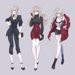 Rule 34 | 1girl, alternate hairstyle, black dress, blue eyes, blush, business suit, casual, dress, fate/grand order, fate (series), formal, genmai (crowcrowclown), glasses, grey eyes, hair over one eye, highres, jacket, kriemhild (fate), long hair, looking at viewer, open clothes, open jacket, suit, sweater, veil