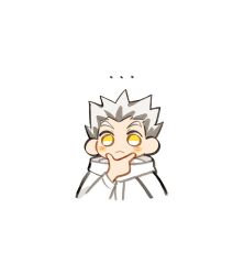 Rule 34 | ..., 1boy, black hair, bokuto koutarou, chibi, claireiosity, closed mouth, confused, dyed hair, eyebrows, face, forehead, haikyuu!!, hair up, highres, hood, hood down, jacket, light blush, long sleeves, male focus, multicolored hair, pale skin, short hair, sleeves past elbows, solo, solo focus, spiked hair, thinking, two-tone hair, white background, white hair, white jacket, yellow eyes