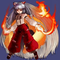 Rule 34 | 1girl, :o, bow, buttons, female focus, fire, fire, floating, fujiwara no mokou, hair bow, long hair, long sleeves, magic, multiple hair bows, ofuda, pants, parted lips, red eyes, silver hair, solo, suspenders, touhou, very long hair, xero