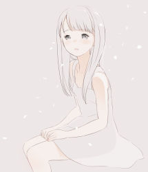 1girl bare_arms bare_shoulders blush brown_background collarbone dress female_focus grey_dress grey_eyes grey_hair hand_on_lap kokudou_juunigou long_hair looking_at_viewer original parted_lips petals simple_background sitting sleeveless sleeveless_dress solo