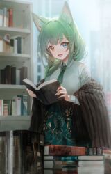 Rule 34 | 1girl, absurdres, animal ear fluff, animal ears, artist request, black shawl, blue eyes, book, book stack, bookshelf, braid, breasts, cat ears, collared shirt, commission, fang, green hair, green necktie, green skirt, grey shawl, hair ornament, hair over shoulder, hairpin, heterochromia, high-waist skirt, highres, indoors, korean commentary, large breasts, long hair, long sleeves, looking at viewer, necktie, open book, open mouth, orange eyes, original, pentagram, ryu jeongyeon (ryeoubi), second-party source, shawl, shirt, skirt, smile, solo, striped shawl, white shirt