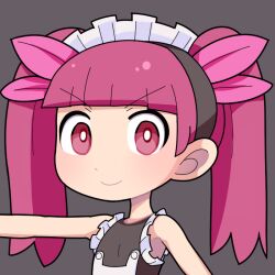 Rule 34 | 1girl, black dress, black hairband, blunt bangs, blush, closed mouth, commentary request, dress, grey background, hairband, hospital king, kemurikusa, long hair, looking at viewer, maid headdress, red eyes, red hair, rina (kemurikusa), simple background, sleeveless, sleeveless dress, smile, solo, twintails, upper body