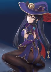 Rule 34 | ass, black hair, black pantyhose, blue eyes, breasts, cape, earrings, from behind, genshin impact, green eyes, hair ornament, hair ribbon, hat, head tilt, highres, jewelry, leotard, looking back, mona (genshin impact), no shoes, pantyhose, parted lips, ribbon, sideboob, smodzz998, soles, strapless, strapless leotard, twintails, vision (genshin impact), witch hat