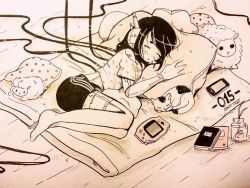 Rule 34 | 1girl, animal, bad id, bad tumblr id, barefoot, black hair, black shorts, blanket, book, cable, cat, closed eyes, commentary, crisalys, cyborg, female focus, flower pot, full body, game boy advance, handheld game console, headphones, indoors, lying, monochrome, open mouth, original, pillow, plant, sheep, shirt, short hair, short sleeves, shorts, sleeping, solo, subdermal port