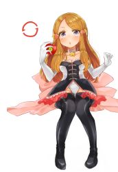 Rule 34 | 10s, 1girl, :o, apple, bad id, bad pixiv id, blue eyes, blush, breasts, brown hair, choker, cleavage, collarbone, elbow gloves, food, fruit, gloves, groin, hair ornament, highres, holding, holding food, holding fruit, jewelry, koretsuna, leotard, mawaru penguindrum, medium breasts, necklace, see-through, solo, star (symbol), star hair ornament, star necklace, takakura himari, thighhighs, thighs, white background
