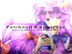 Rule 34 | 1girl, bad id, bad pixiv id, blunt bangs, bottle, bow, capelet, crescent, english text, female focus, food, fruit, hair bow, hat, hayaneko (ceceragi), highres, long hair, looking at viewer, open mouth, orange (fruit), patchouli knowledge, purple eyes, purple hair, ribbon, solo, thesanaelove, touhou, upper body