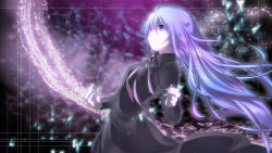 Rule 34 | 1girl, ahoge, alternate hairstyle, black dress, blue eyes, blue hair, breasts, collared dress, cowboy shot, dress, gradient hair, hair between eyes, hatsune miku, leaning back, light particles, long hair, long sleeves, mariwai (marireroy), multicolored hair, purple hair, purple ribbon, ribbon, shaded face, small breasts, solo, standing, very long hair, vocaloid, wing collar