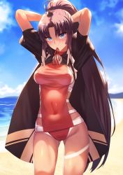 Rule 34 | 1girl, arms behind head, arms up, beach, black hair, black jacket, blue eyes, blue sky, blush, breasts, closed mouth, covered navel, fate/grand order, fate (series), highres, ibuki notsu, jacket, long hair, looking at viewer, medium breasts, mouth hold, one-piece swimsuit, outdoors, parted bangs, red one-piece swimsuit, sidelocks, sky, solo, swimsuit, tan, tanline, thighs, tying hair, ushiwakamaru (fate), ushiwakamaru (fate/grand order), ushiwakamaru (swimsuit assassin) (fate), ushiwakamaru (swimsuit assassin) (third ascension) (fate), very long hair
