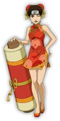 Rule 34 | 1girl, bare arms, bare shoulders, brown eyes, brown hair, chinese clothes, double bun, dress, hair bun, hand on own hip, holding, holding scroll, legs, looking at viewer, naruto (series), naruto shippuuden, one eye closed, open mouth, red dress, scroll, shoes, short hair, skirt, sleeveless, sleeveless dress, smile, tenten (naruto), wink