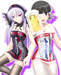 Rule 34 | 00s, 1girl, 2girls, alcohol, beer, beer mug, black hair, blue eyes, brand name imitation, budweiser, clothes writing, crossover, cup, detached collar, dress, eyepatch, hairband, long hair, mug, multiple girls, red eyes, rozen maiden, sakamoto mio, silver hair, strike witches, suigintou, thighhighs, wings, world witches series, zutsuumochi