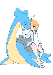 Rule 34 | 1girl, absurdres, blush, breasts, character name, competition swimsuit, cowboy shot, creatures (company), female focus, game freak, gen 1 pokemon, green eyes, highres, lapras, legs, misty (pokemon), navel, nintendo, one-piece swimsuit, one eye closed, orange hair, pokemon, pokemon (creature), pokemon hgss, sandals, simple background, small breasts, solo, standing, swimsuit, thighs, white background, white one-piece swimsuit