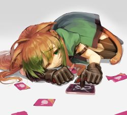 Rule 34 | 1girl, animal ears, atalanta (fate), black gloves, black thighhighs, brown hair, card, cat ears, cat girl, cat tail, commentary request, dress, fate/apocrypha, fate (series), garter straps, gift card, gloves, gradient hair, green dress, green eyes, green hair, grey background, hair between eyes, highres, lying, multicolored hair, on side, one eye closed, parted lips, puffy short sleeves, puffy sleeves, short sleeves, solo, sue (bg-bros), tail, tears, thighhighs