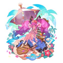 Rule 34 | 1girl, bird, blue hair, cleo (dragalia lost), coconut, coconut tree, dragalia lost, drink, flower, full body, gradient hair, hair ornament, long hair, looking at viewer, multicolored hair, non-web source, ocean, official art, open clothes, open skirt, palm tree, petals, pink hair, pout, purple eyes, purple hair, saitou naoki, sandals, unworn sandals, skirt, swimsuit, transparent background, tree, twintails