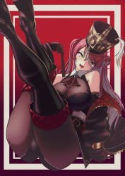Rule 34 | 1girl, absurdres, ass, bare shoulders, boots, breasts, cleavage, crossed legs, curvy, hair between eyes, hair bun, hat, hat feather, heterochromia, high heels, highres, hololive, houshou marine, houshou marine (marching band), jacket, lace trim, large breasts, legs up, leotard, looking at viewer, makkyi@hage, multicolored hair, open mouth, plume, plump, red eyes, red hair, see-through, see-through cleavage, shako cap, smile, streaked hair, swept bangs, thigh boots, two-sided fabric, virtual youtuber, yellow eyes
