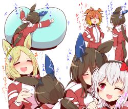 Rule 34 | 4girls, admire vega (umamusume), animal ears, bean bag chair, black hairband, blonde hair, bow, brown hair, closed eyes, commentary, curren chan (umamusume), ear covers, ear ornament, fluffy, hair bow, hairband, hands on own hips, highres, horse ears, horse girl, horse tail, light brown hair, long hair, low ponytail, motion lines, multiple girls, multiple views, narita top road (umamusume), one eye closed, open mouth, orange hair, parted bangs, pink eyes, pointing, pointing at another, red track suit, shaded face, short hair, simple background, single ear cover, t.m. opera o (umamusume), tail, translation request, umamusume, white bow, yogibo, yonedatomo mizu