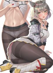 Rule 34 | 1girl, absurdres, animal ear fluff, animal ears, ass, bare shoulders, blush, bow, bow panties, breasts, brown pantyhose, camisole, chest jewel, collarbone, crotch seam, grey hair, highres, jacket, long sleeves, looking at viewer, medium breasts, midriff, mio (xenoblade), multiple views, nemunemu semi, off shoulder, open clothes, open jacket, open mouth, panties, pantyhose, short hair, sweat, sweatdrop, thighs, underwear, white camisole, white jacket, white panties, xenoblade chronicles (series), xenoblade chronicles 3, yellow eyes