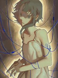 Rule 34 | 1girl, asymmetrical hair, bare arms, bare shoulders, brown eyes, brown hair, cable, camisole, closed mouth, commentary request, gtsleep1200, hair ornament, highres, iwakura lain, looking at viewer, own hands together, serial experiments lain, short hair, single sidelock, solo, spaghetti strap, steepled fingers, upper body, white camisole, x hair ornament
