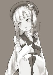 Rule 34 | 1girl, bare shoulders, beret, blunt bangs, blush, braid, breasts, detached sleeves, erune, eyeliner, granblue fantasy, greyscale, hat, highres, long hair, makeup, monochrome, multiple braids, nosuku, open mouth, pholia, quad braids, short eyebrows, side braids, small breasts, solo, translation request, very long hair, wide sleeves