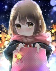 Rule 34 | 1girl, 3:, absurdres, blazer, blurry, blush, bokeh, brown eyes, brown hair, closed mouth, depth of field, enpera, gift, happy valentine, highres, holding, holding gift, incoming gift, jacket, looking at viewer, nambu 01, original, outdoors, pink scarf, plaid, plaid scarf, polka dot, ribbed sweater, scarf, school uniform, shirt, solo, sweater, upper body, valentine, white shirt