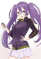 Rule 34 | 1girl, absurdres, bad id, bad pixiv id, black-framed eyewear, breasts, choco tanuki, fang, fate/grand order, fate (series), glasses, hand on own hip, highres, large breasts, lips, long hair, long sleeves, looking at viewer, pleated skirt, purple eyes, purple hair, sion eltnam sokaris, skin fang, skirt, solo, stopwatch, twintails, watch, white skirt