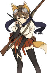 Rule 34 | 1girl, animal ears, brown eyes, brown hair, gauntlets, goggles, goggles on head, gun, hand on leg, handgun, japanese clothes, katou keiko, leaning forward, military, military uniform, ningen (ningen96), ningen (ningen (96), one eye closed, pistol, scarf, short hair, smile, solo, strike witches, tail, thighhighs, uniform, weapon, wink, witches of africa, world witches series